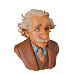 Cartoon scientist bust, wild white hair and mustache, tweed suit, stylized