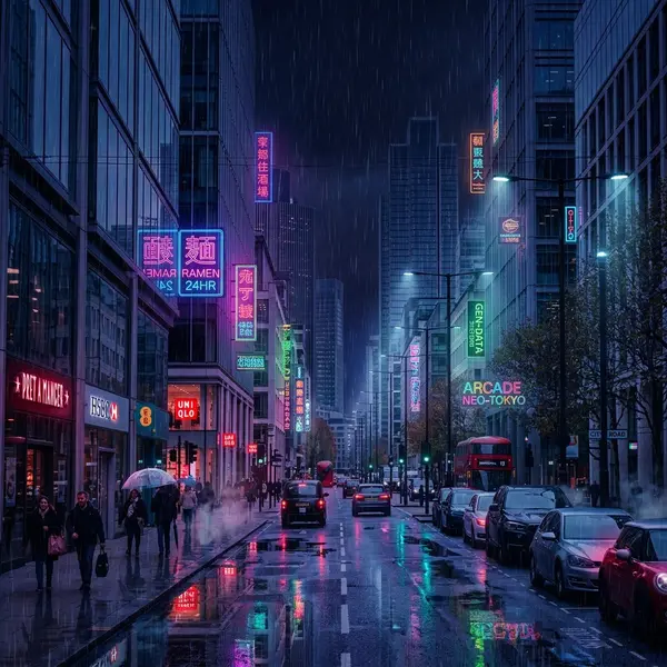 AI edited photo with nighttime neon rain scene transformation