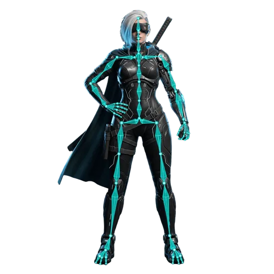 Cyberpunk samurai 3D model after AI rigging with visible skeleton rig overlay
