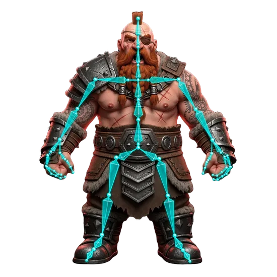 Dwarf berserker 3D model after AI rigging with skeleton overlay for animation