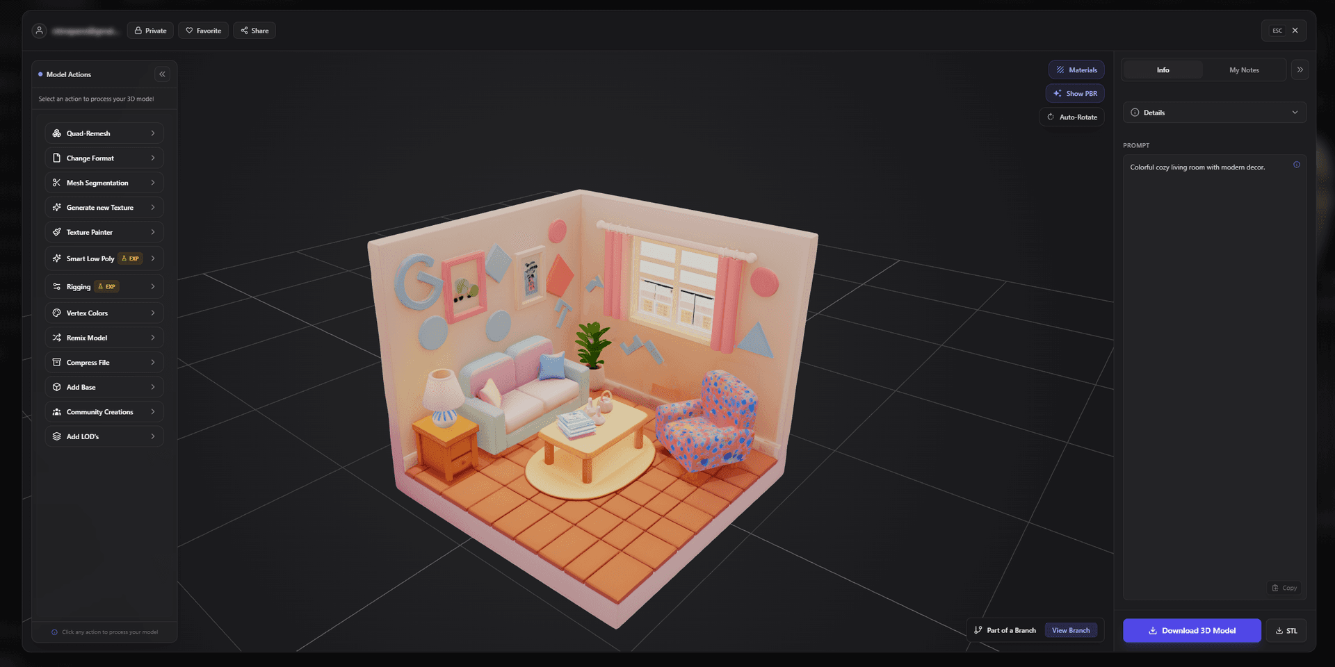 3DAI Studio AI generated cozy living room diorama 3d viewer