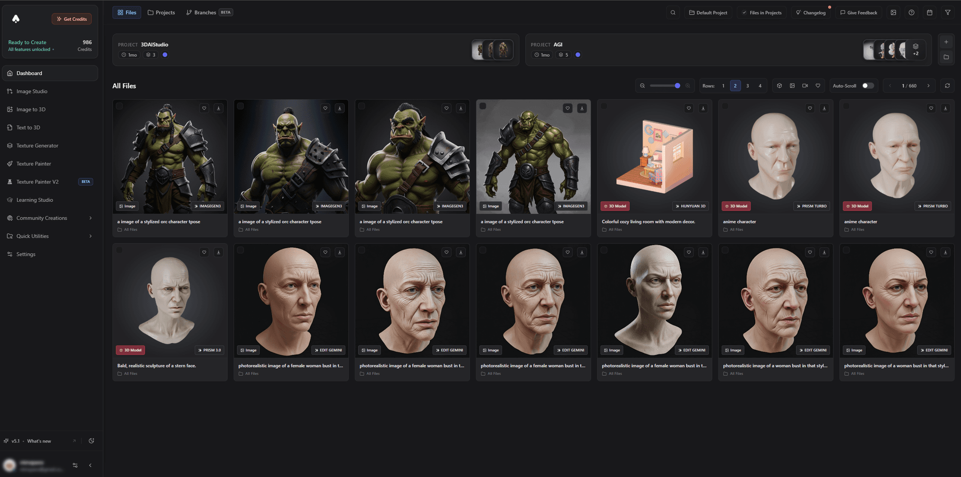 3DAI Studio AI generated dashboard all files orc heads room