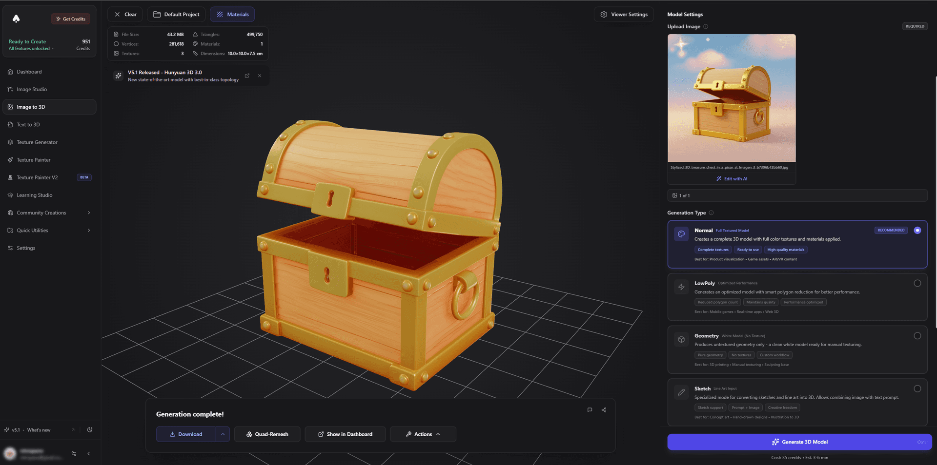 3DAI Studio AI generated image to 3d chest textured