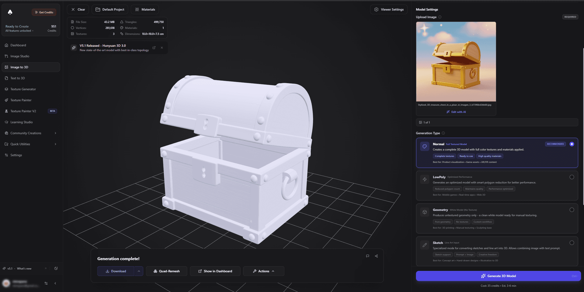 3DAI Studio AI generated image to 3d chest untextured