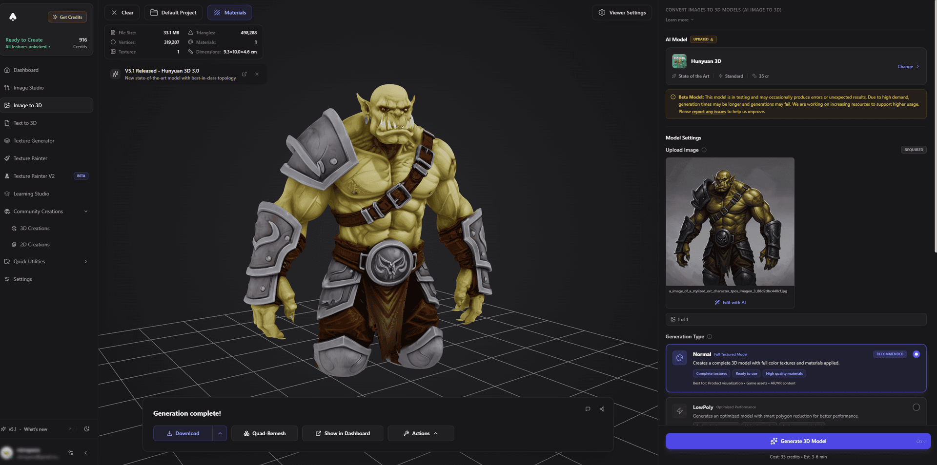 3DAI Studio AI generated image to 3d stylized orc textured