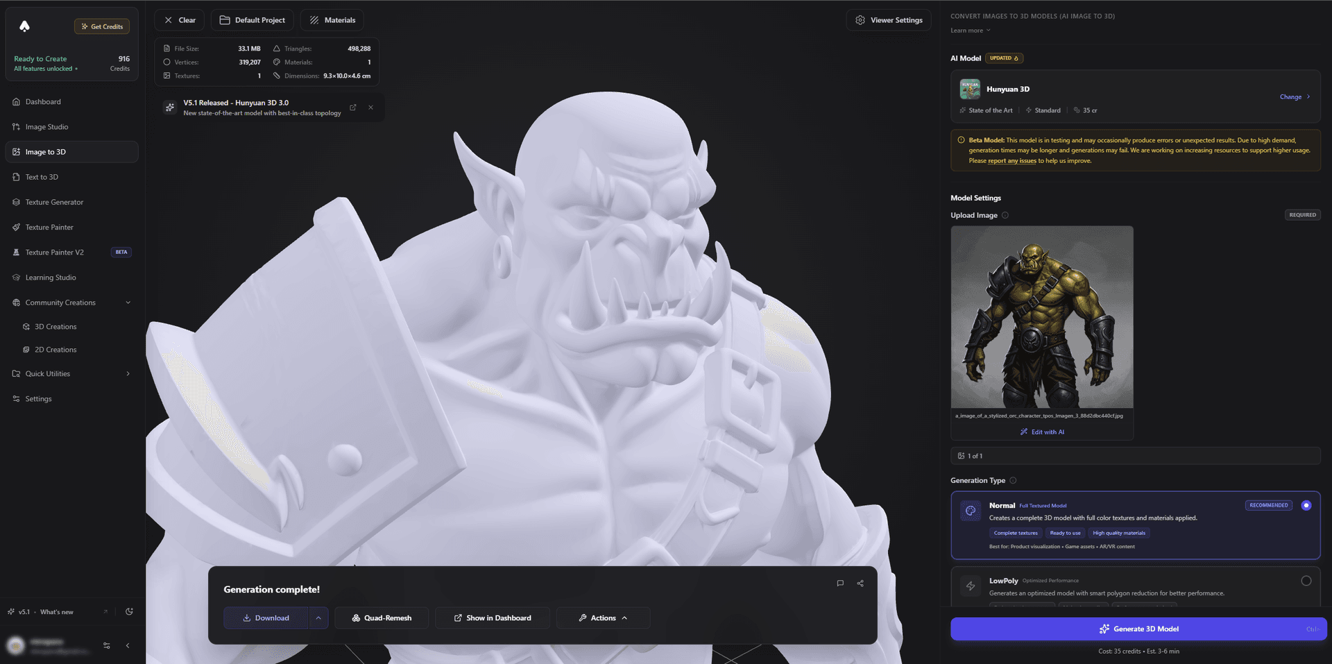 3DAI Studio AI generated image to 3d stylized orc untextured closeup