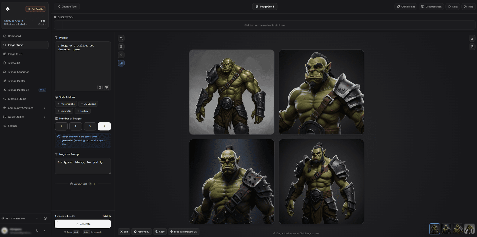 3DAI Studio AI generated imagegen stylized orc character grid