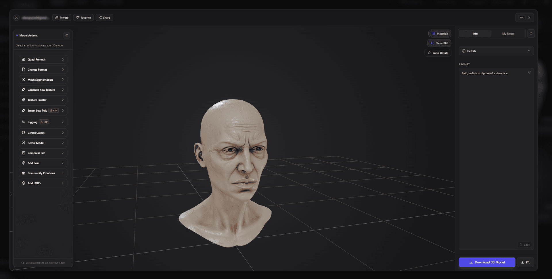 3DAI Studio AI generated realistic bald male bust 3d viewer