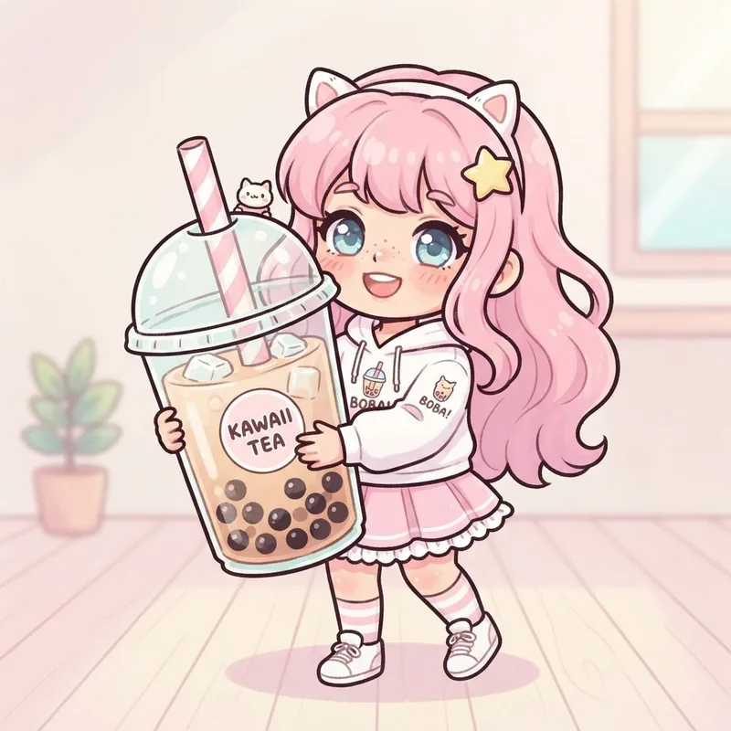 Chibi anime style AI art of a pink-haired girl holding a giant boba tea