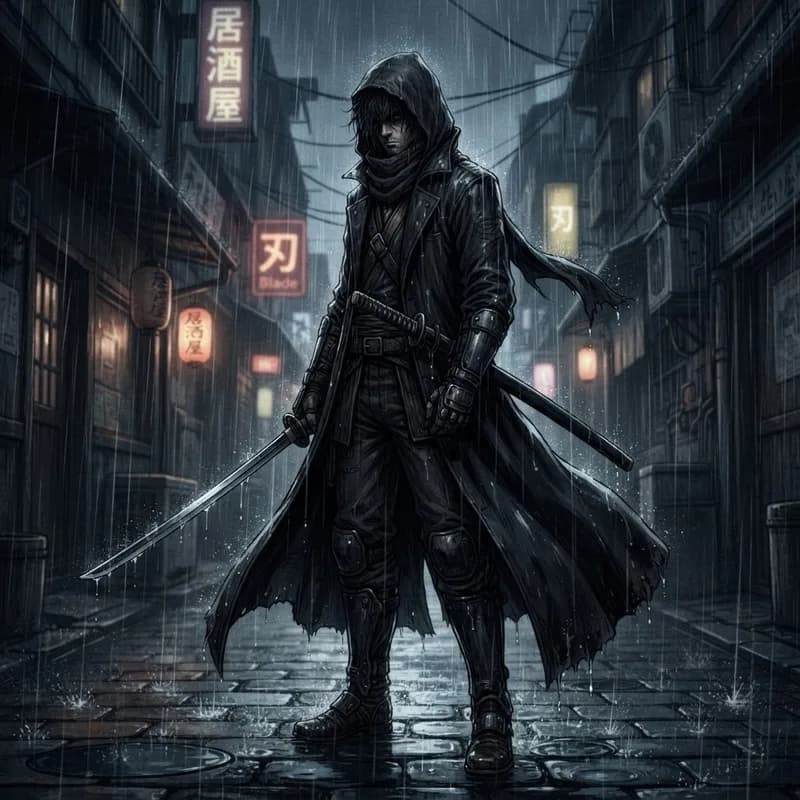 Dark seinen anime style AI art of a swordsman in a rainy alley