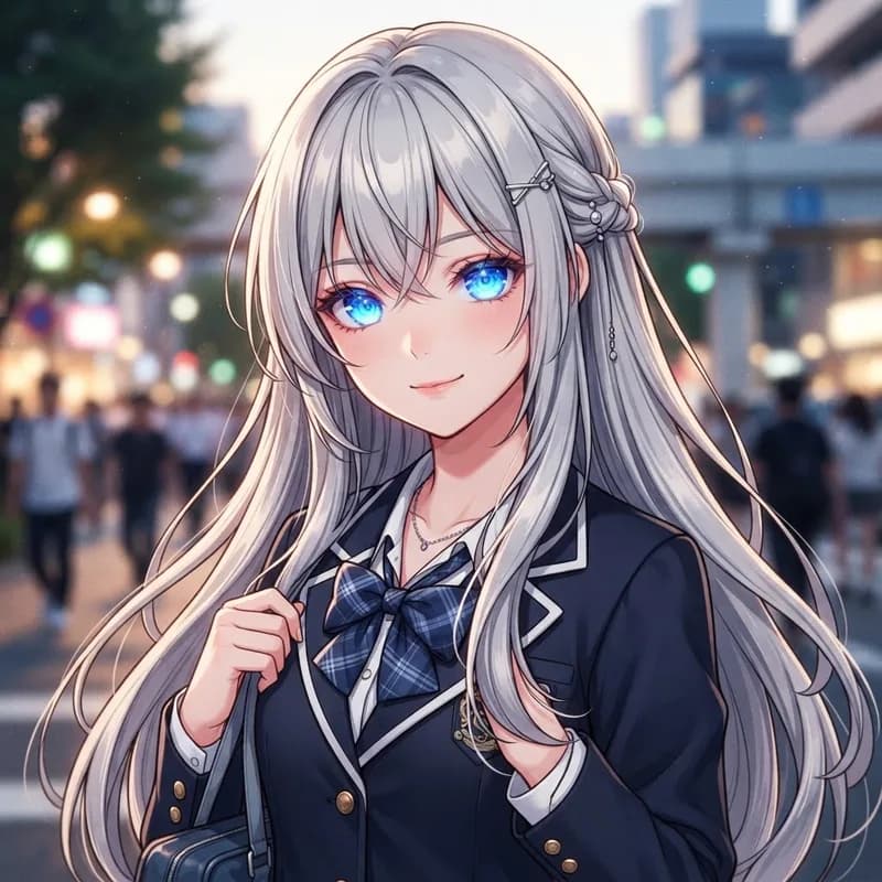 Modern anime style AI art of a silver-haired girl with glowing blue eyes