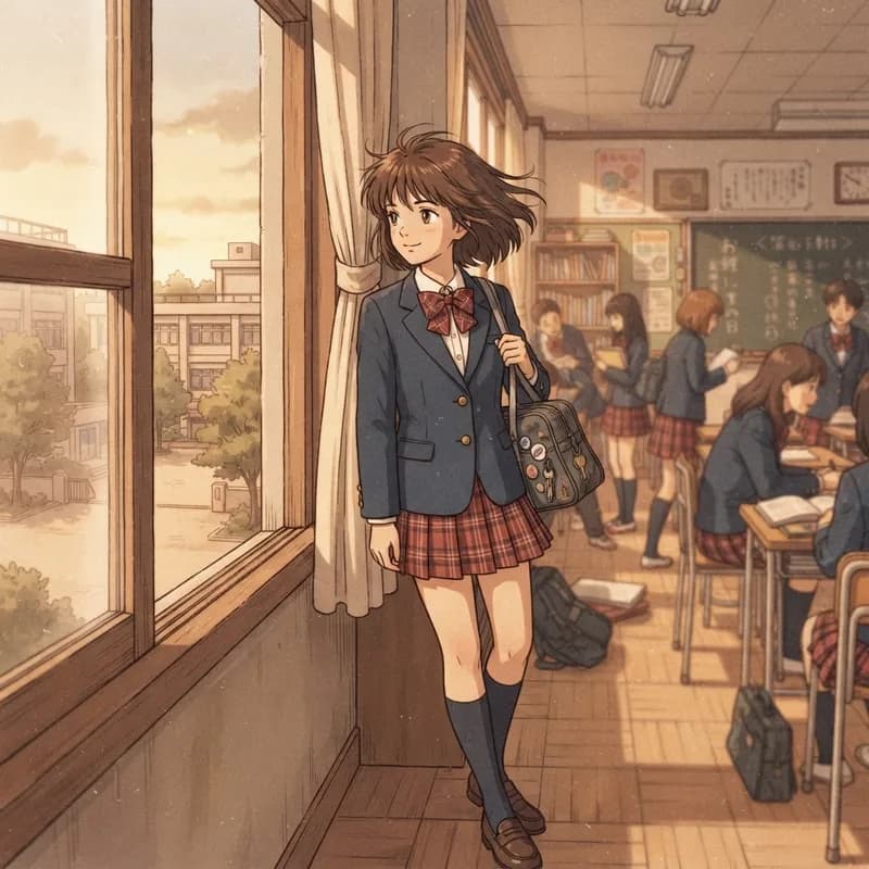 Retro 90s cel anime style AI art of a schoolgirl in a classroom