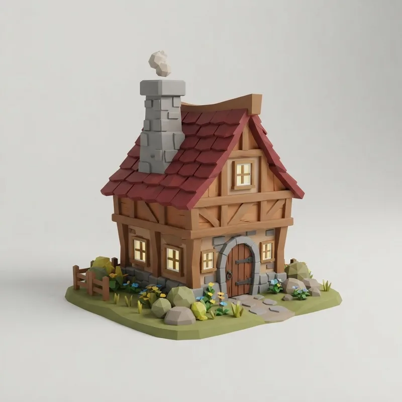 Low poly cottage building 3D model generated with AI