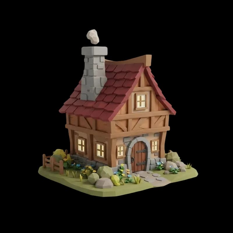 Low poly cottage building 3D model generated with AI