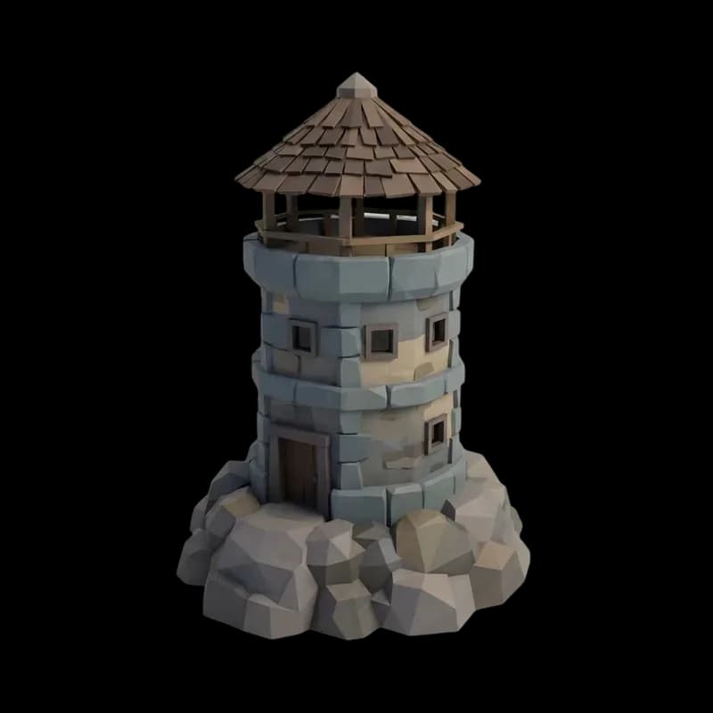 Low poly stone watchtower 3D model generated with AI