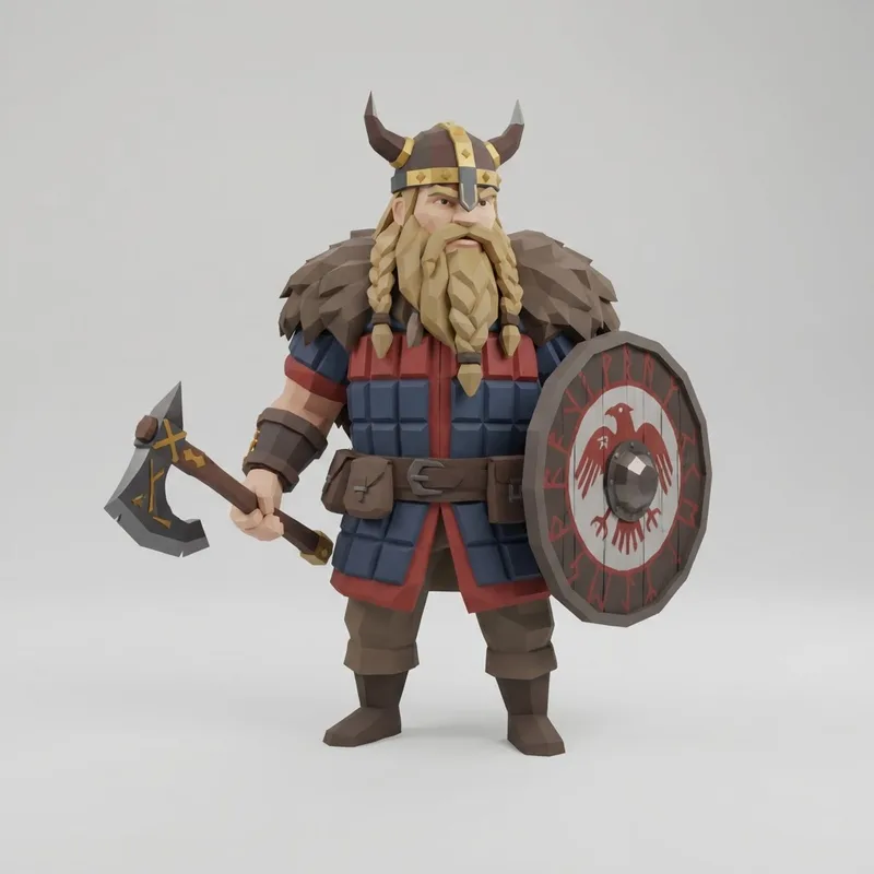 Low poly viking character 3D model with axe and shield generated with AI