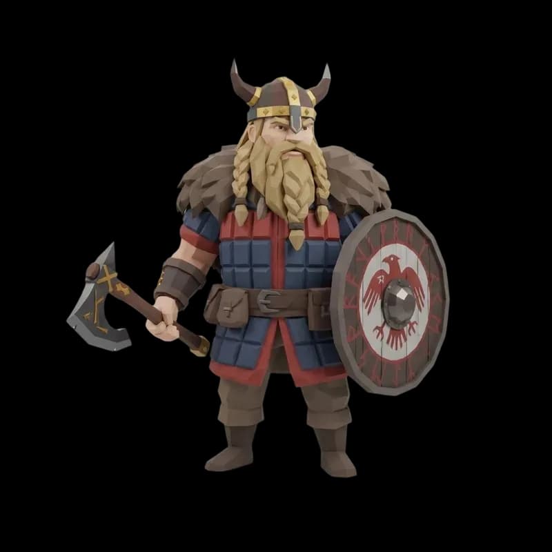 Low poly viking character 3D model with axe and shield generated with AI