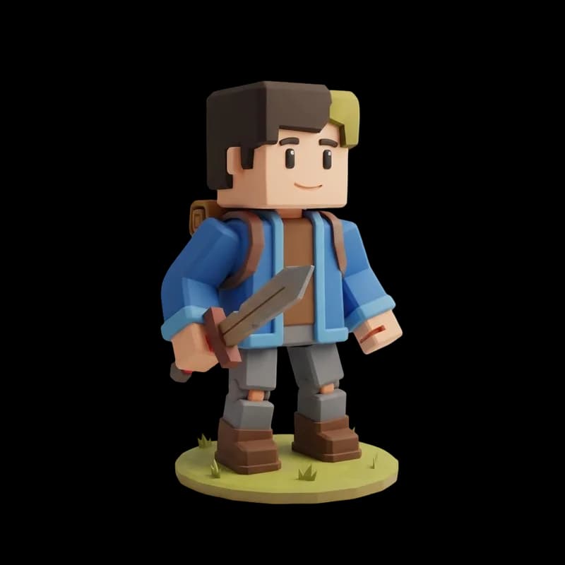 The finished Roblox-ready 3D model of the Blocky adventurer