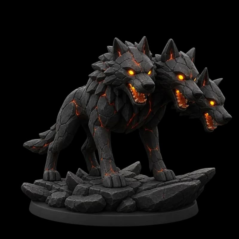 Three-headed volcanic wolf statue 3D model generated from a text prompt for Blender