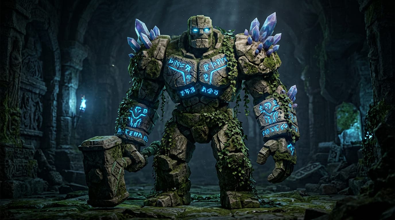 ancient stone golem guardian with glowing blue runes and crystal formations on shoulders