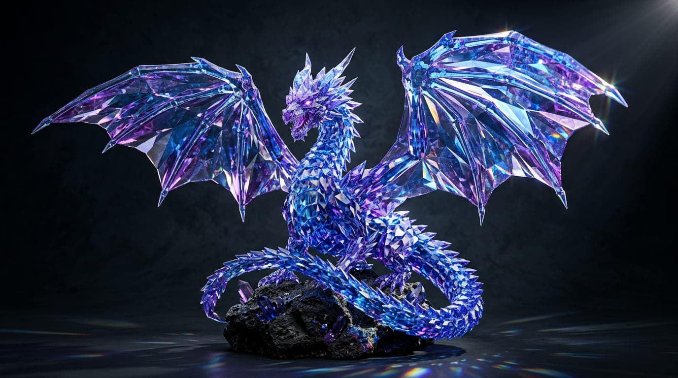 Output - crystal dragon with translucent blue and purple wings