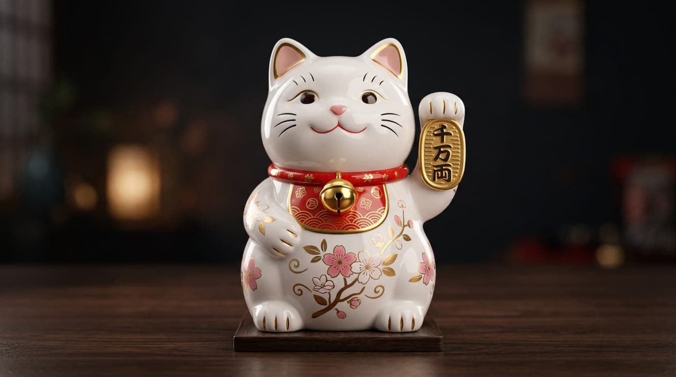 japanese lucky cat maneki-neko figurine with cherry blossom details, gold bell, glossy ceramic