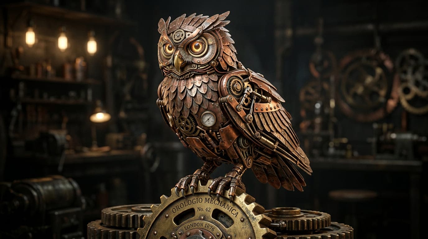 steampunk mechanical owl with copper feathers and clockwork eyes, perched on brass gears