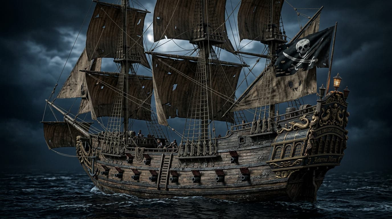 Output - vintage pirate galleon with tattered sails and ornate stern