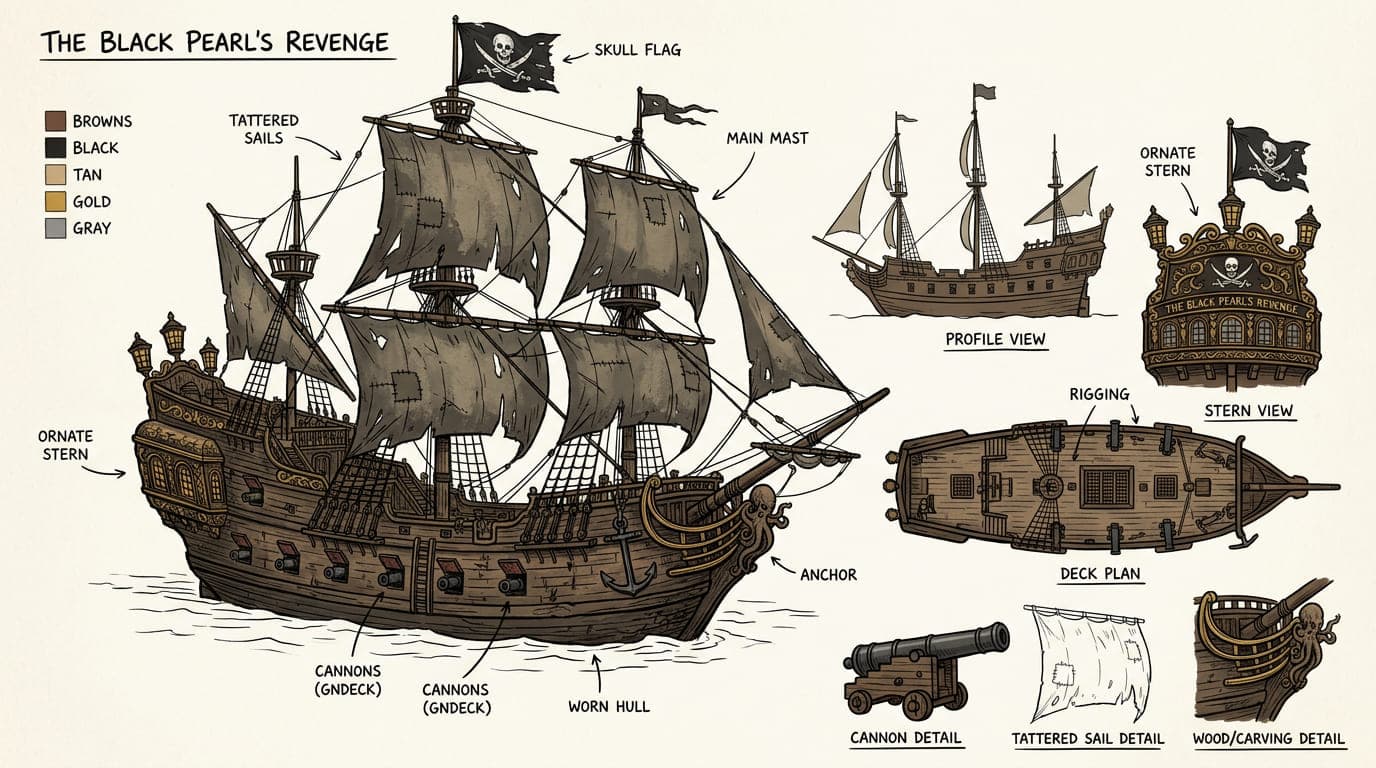 Input - vintage pirate galleon with tattered sails and ornate stern