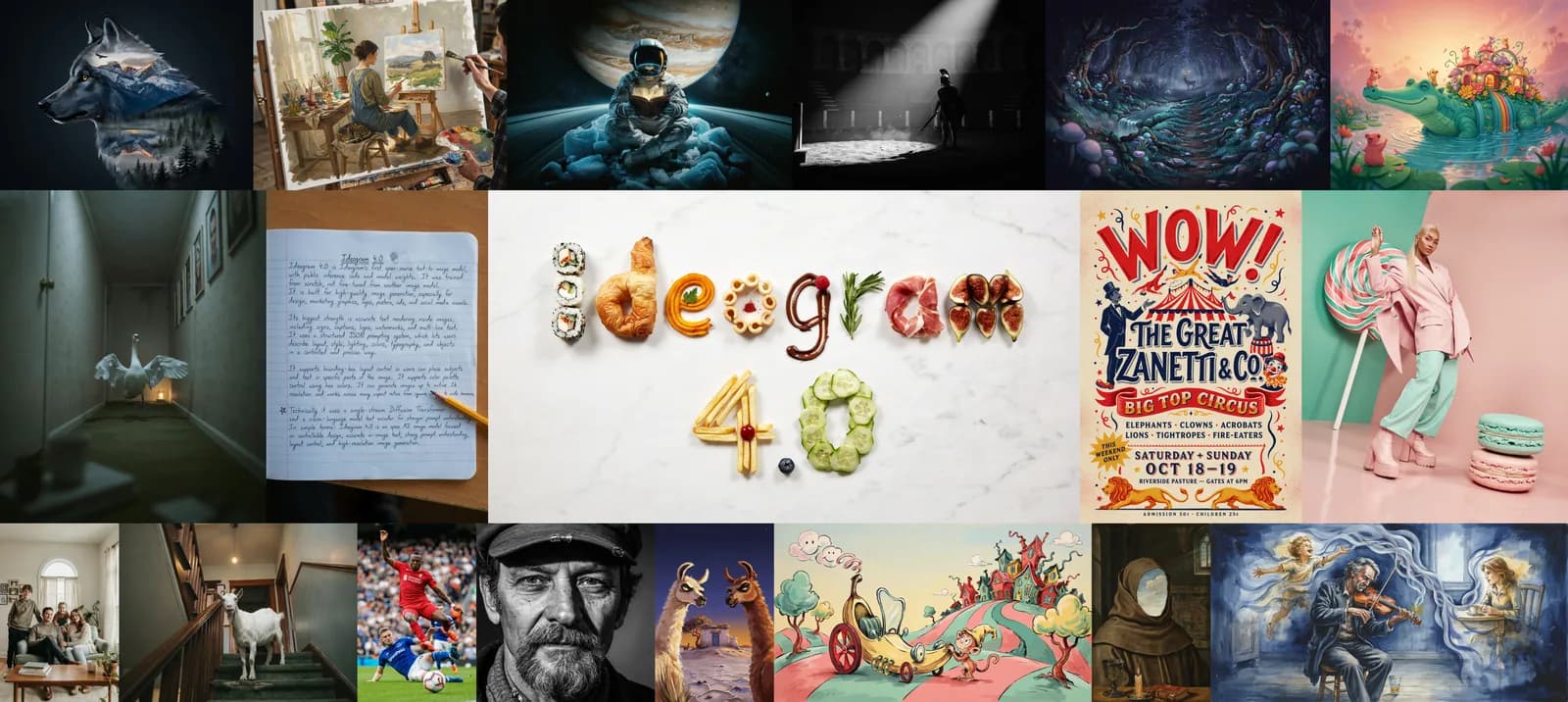 A collage of Ideogram 4.0 sample images spanning photorealism, illustration, typography, and poster design