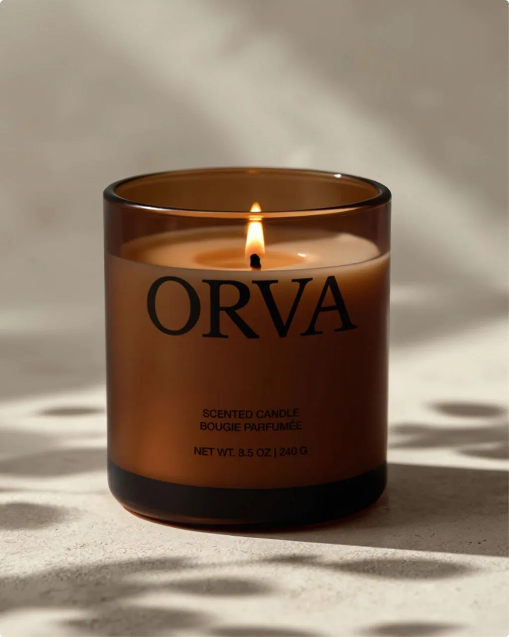 A scented candle product image with crisp label text generated by MAI-Image-2.5
