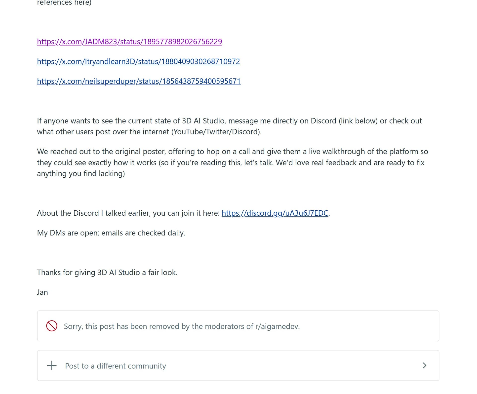 Screenshot showing our deleted Reddit reply