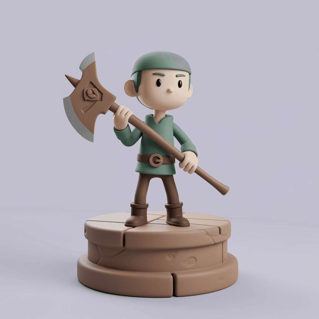 AI generated 3D model of a stylized cartoon character holding an axe