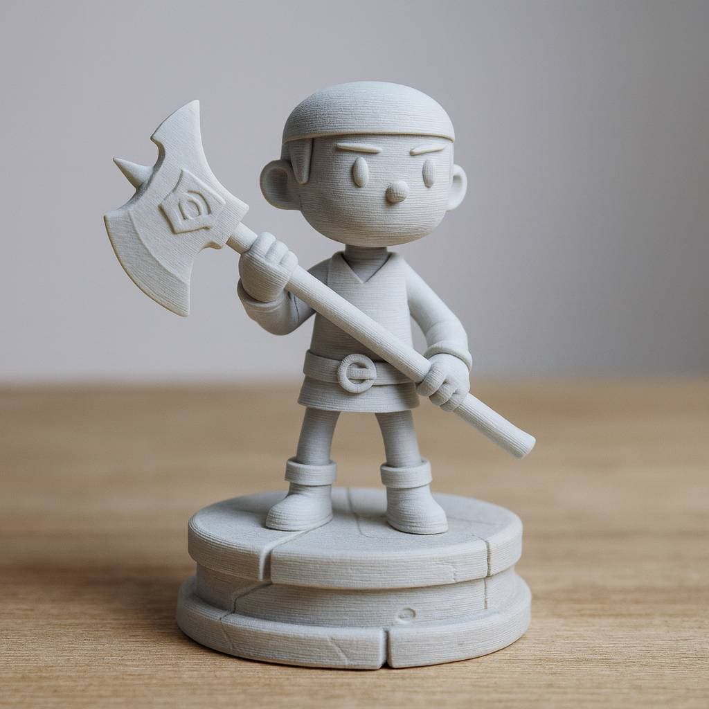 The finished 3D printed figure of the character, printed in color