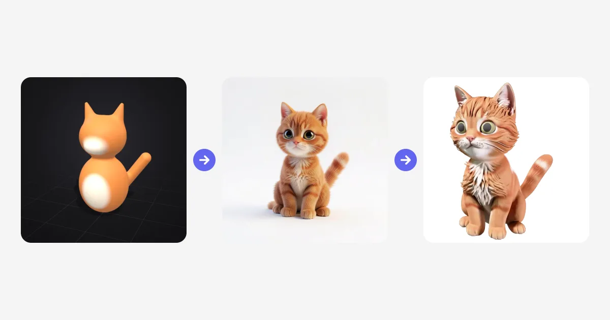 A cat sculpted from simple shapes, rendered by AI and turned into a textured 3D model