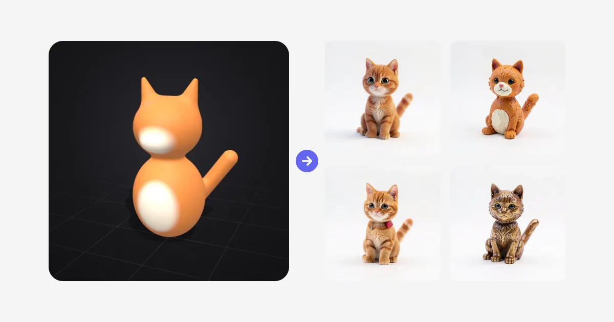 The same cat sculpt rendered by AI in four different styles