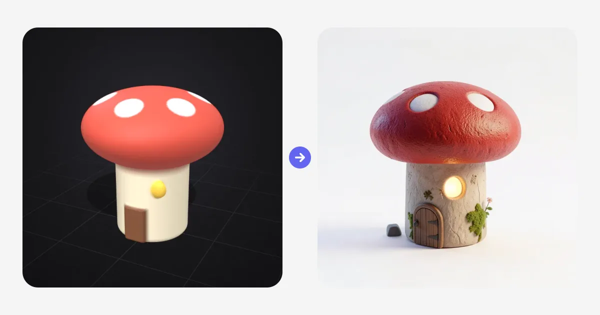 A mushroom house sculpted from a few simple shapes in Sculpt to 3D, next to its live AI render