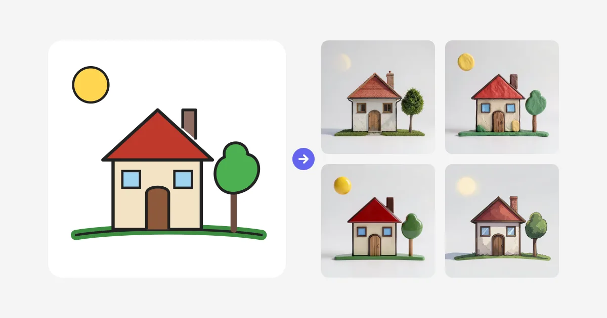 One cottage sketch rendered by AI as a photo, a claymation, a toy and an anime illustration