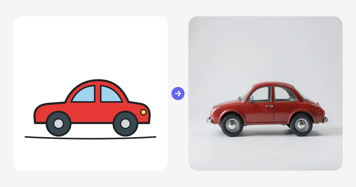 A simple car drawing turned into a realistic photo of a red retro car