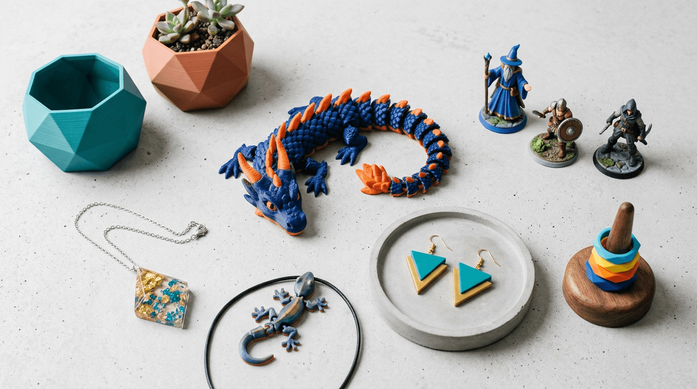 3D printed products for selling on Etsy - fidget toys, miniatures, jewelry, planters
