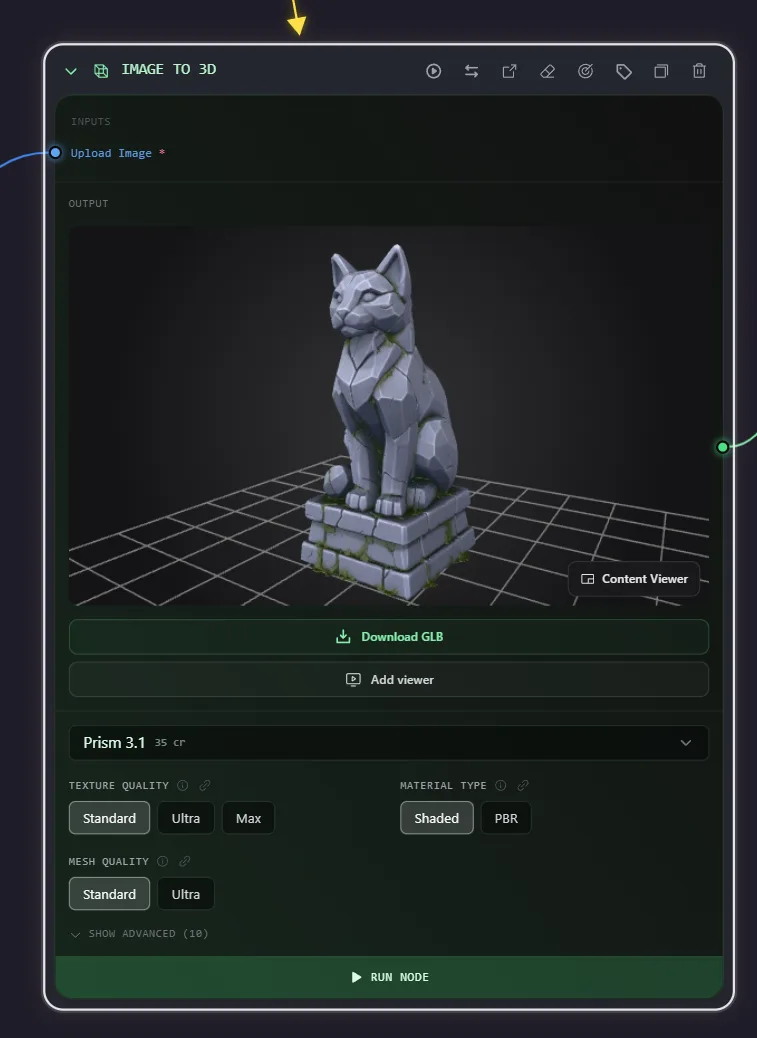 A 3D generation node showing the model it produced, right on the canvas
