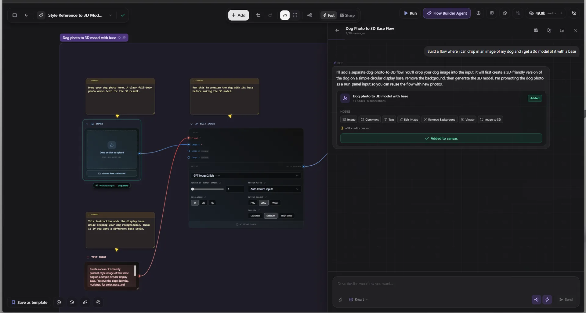 The Flow Builder Agent laying out a node workflow from a text description