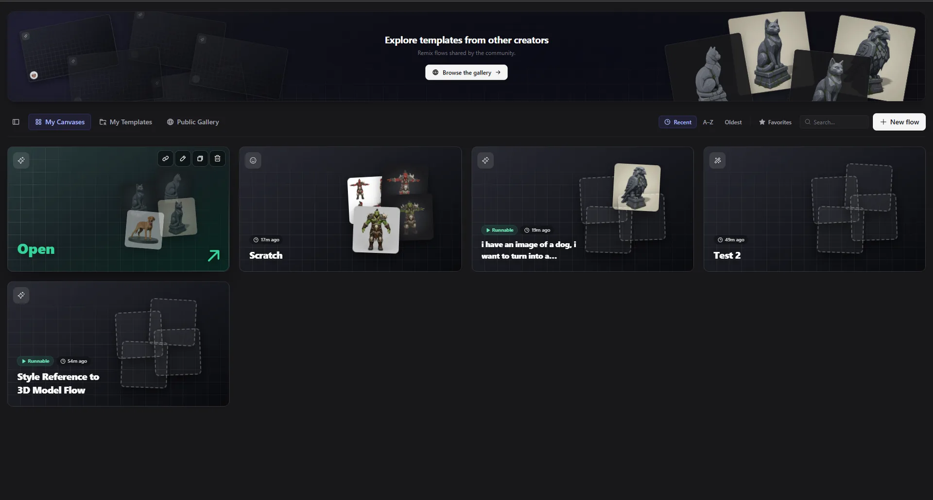 The Flow canvas with a multi-node 3D asset pipeline and outputs
