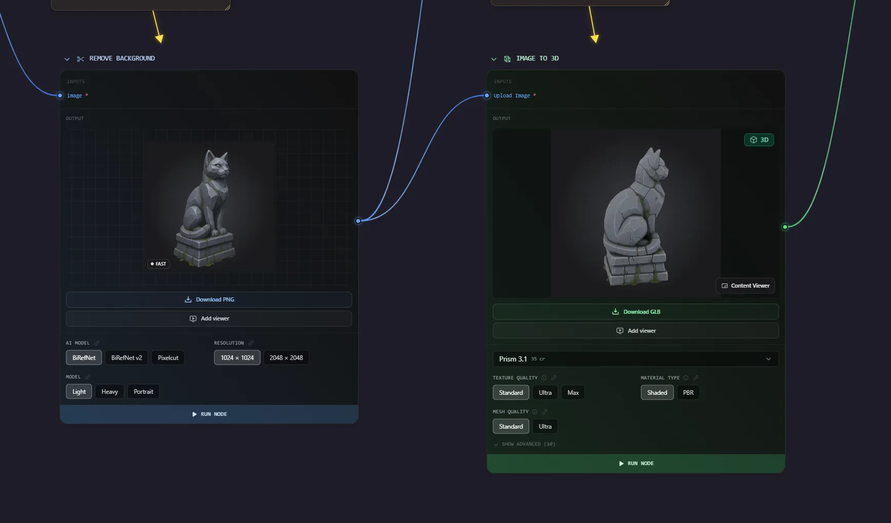 A node flow that removes an image background and feeds it into 3D generation