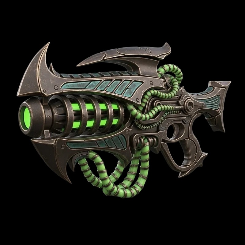 Sci-fi blaster 3D model generated from concept art, shown in the viewer