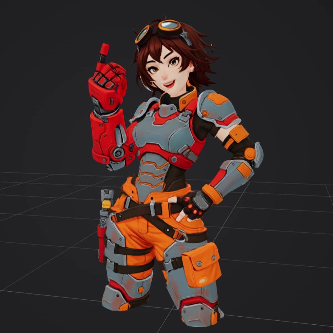 anime style female engineer in orange and gray power armor