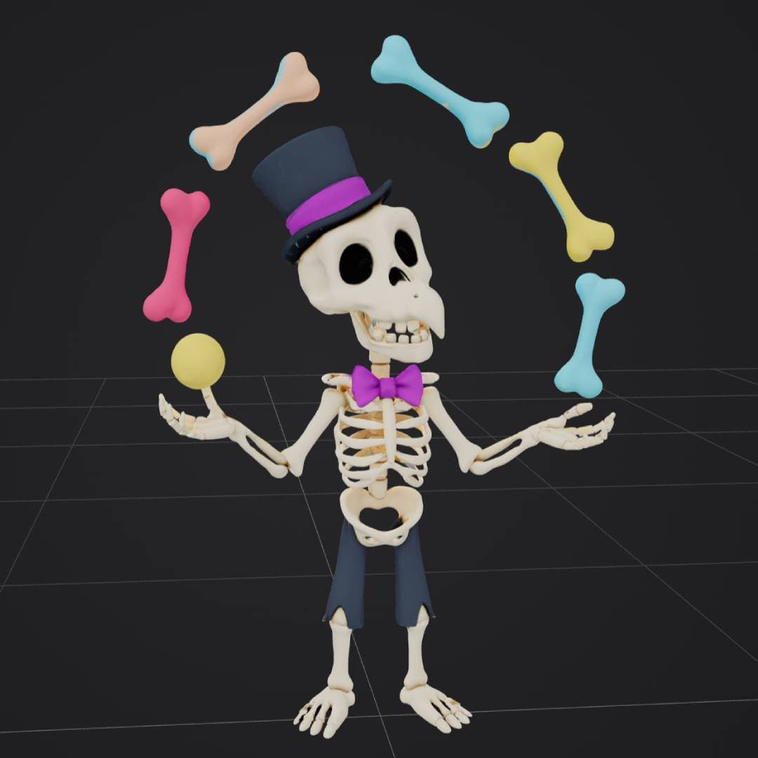 Output - cartoon skeleton juggler with top hat, bow tie and colorful bones