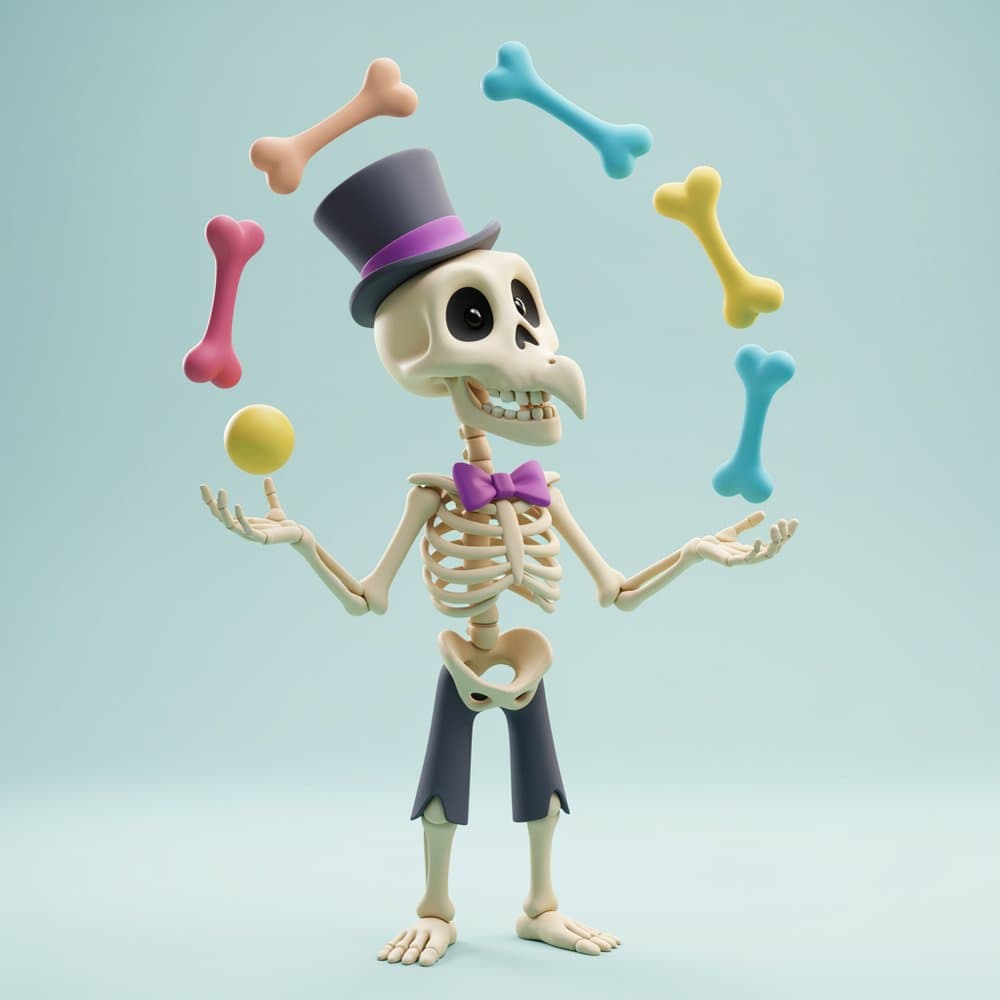 Input - cartoon skeleton juggler with top hat, bow tie and colorful bones