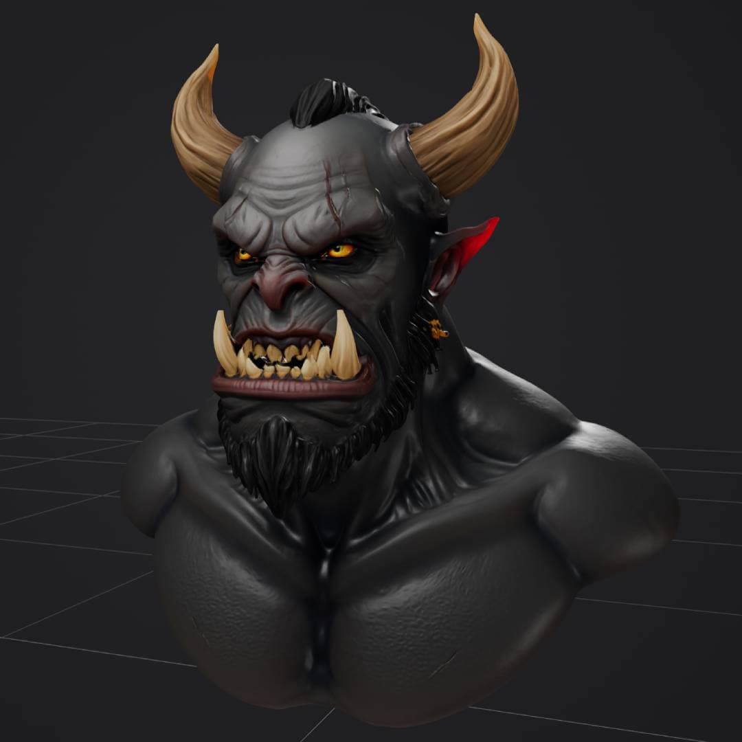 Output - dark fantasy horned orc bust with tusks, beard and glowing eyes