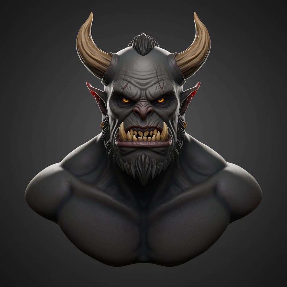 Input - dark fantasy horned orc bust with tusks, beard and glowing eyes